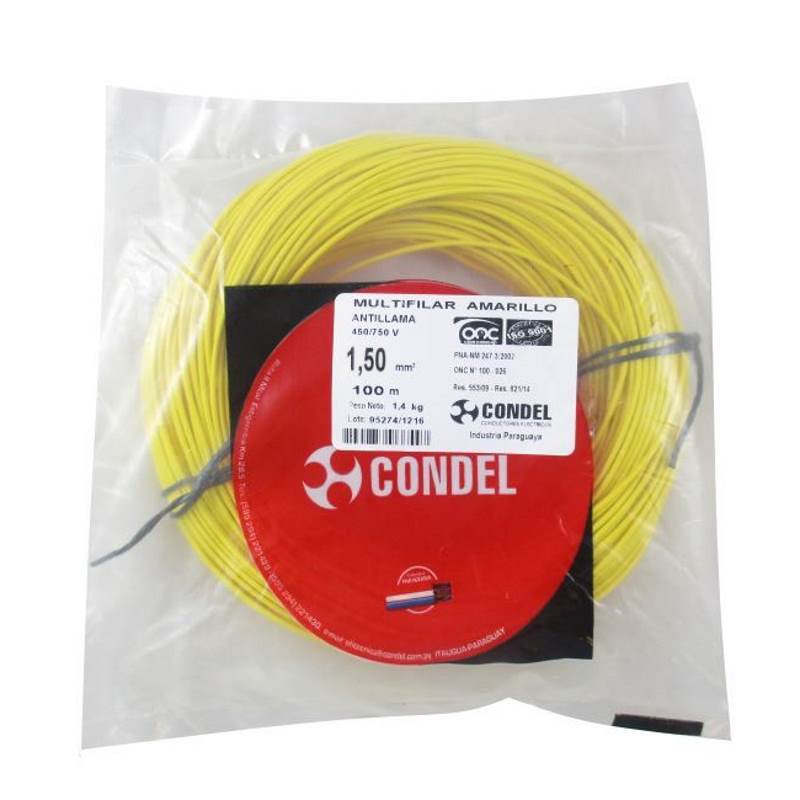 Cable Multifilar Condel 1,50mm2 Amarillo - Paquete 100Mts.